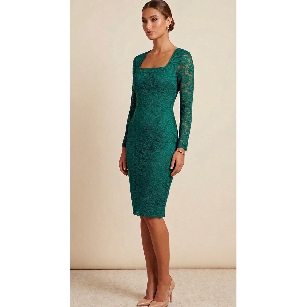 VTG 90s Karen Lucas Lace Sheath Dress Jewel Tone Green Whimsygoth Midi Small
